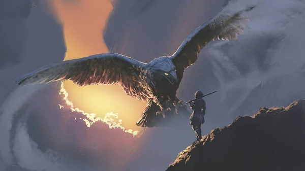 巨鹰飞向女战士 数码艺术风格 插图彩绘 — 图库照片