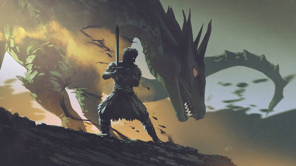 Warrior holding a sword standing near the dragon, digital art style, illustration paintin