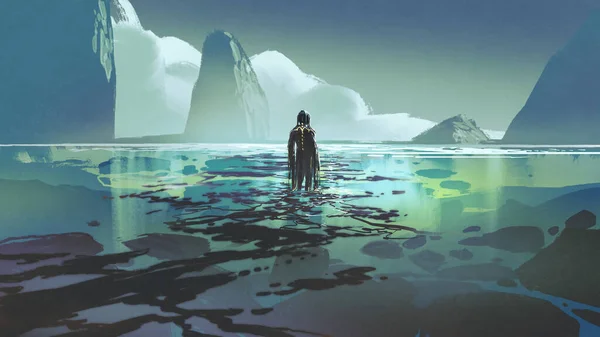 沼に溶け込む奇妙な人間デジタルアートスタイルイラスト絵画 — ストック写真