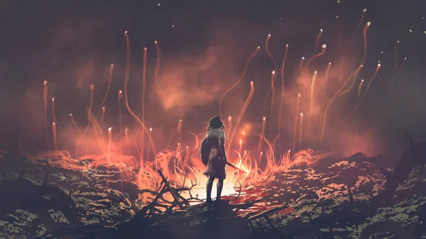 炎の地面に立つ戦士の女性魂が空に浮かぶのを見てデジタルアートスタイルイラストペイント — ストック写真