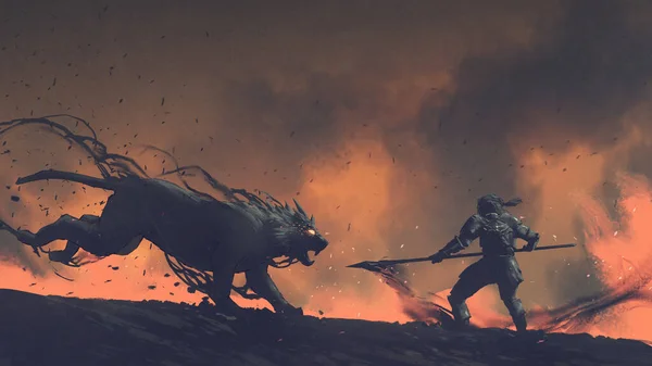 骑士面对着与黑色野兽的战斗 数码艺术风格 — 图库照片