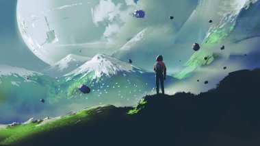 Bir dağın tepesinde duran kadın gökyüzündeki uzak gelecekteki bir gezegene bakıyor. Dijital sanat tarzı, resimli boya.