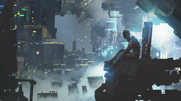未来主义者晚上坐在大楼上与科幻小说城市相对立 数字艺术风格 — 图库照片