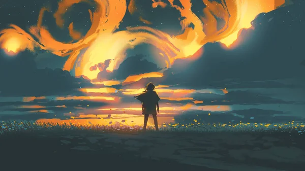 Ein Mann Steht Auf Einem Blumenfeld Vor Einem Flammenden Himmel — Stockfoto