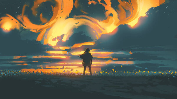 A man standing on a field of flowers against a flaming sky, digital art style, illustration paintin