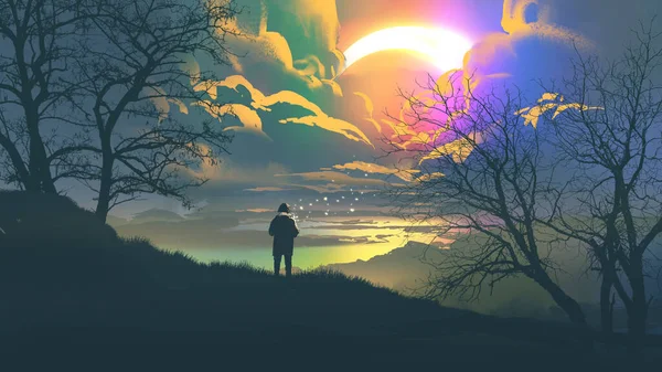 Άνθρωπος Στέκεται Στο Λόφο Κοιτάζοντας Πολύχρωμο Νυχτερινό Ουρανό Ψηφιακό Στυλ — Φωτογραφία Αρχείου