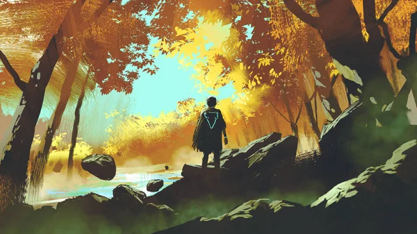 Человек Путешествует Осеннем Лесу Стиль Цифрового Искусства Иллюстрации Живописи — стоковое фото