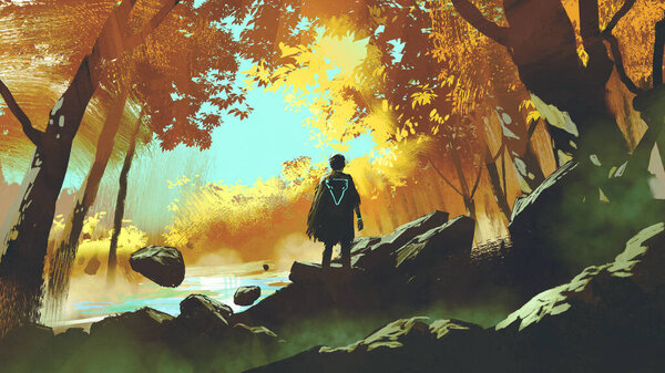 Man traveling in autumn forest, digital art style, illustration painting