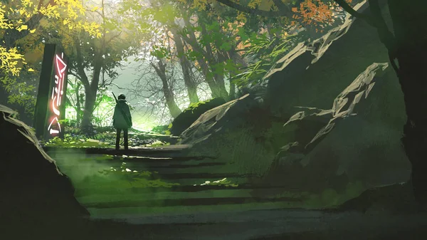 Ung Man Reser Futuristisk Skog Digital Konst Stil Illustration Målning — Stockfoto