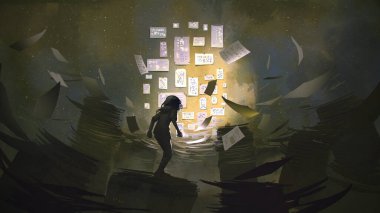 Uçan kağıtların arasında duran çocuk duvardaki bazı sembollere, dijital sanat tarzına, resimlere bakıyor.