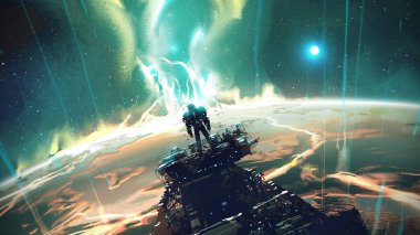 Bir yapının tepesinde duran, gezegenin atmosferinin yanışını izleyen, dijital sanat tarzı, resim çizimi