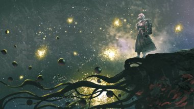 Uçurumun kenarında duran gezgin, yüzen siyah kürelere bakıyor, dijital sanat tarzı, resim çizimi