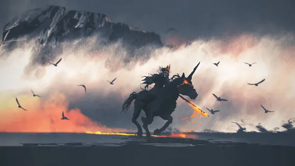 Ghost King Riding Horse Holding Flaming Sword Digital Art Style Stock Photo