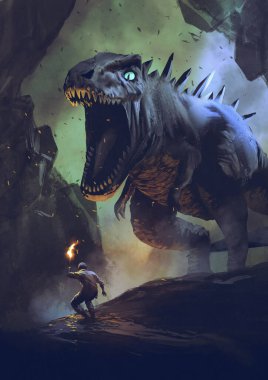 Mağarada dinozora bakan fenerli bir adam, dijital sanat tarzı, resimli bir resim.