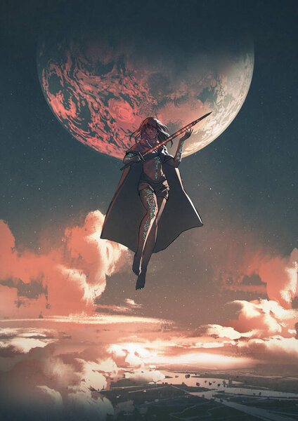 супергероиня с волшебным мечом в руках плавает в небе, стиль цифрового искусства, иллюстрации живописи
