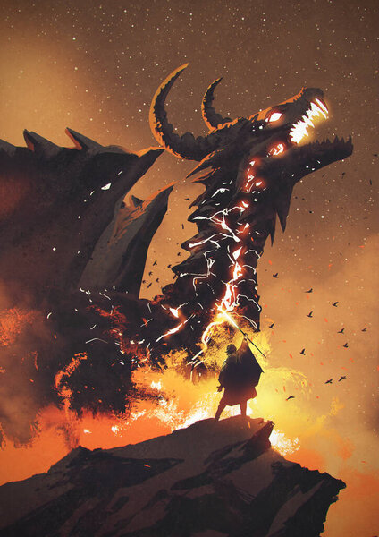 young wizard awakens a dragon with a magic wand, digital art style, illustration painting