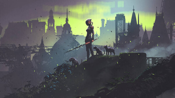 Female superhero standing with guardian wild cats on ruins of destroyed building, digital art style, illustration painting