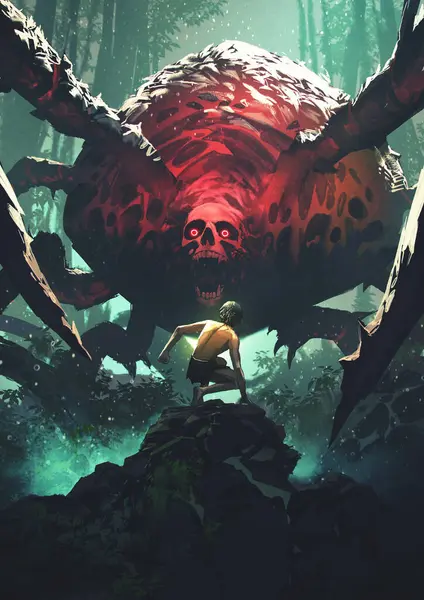 Primitive man encounters a giant red spider with a skull head, digital art style, illustration painting