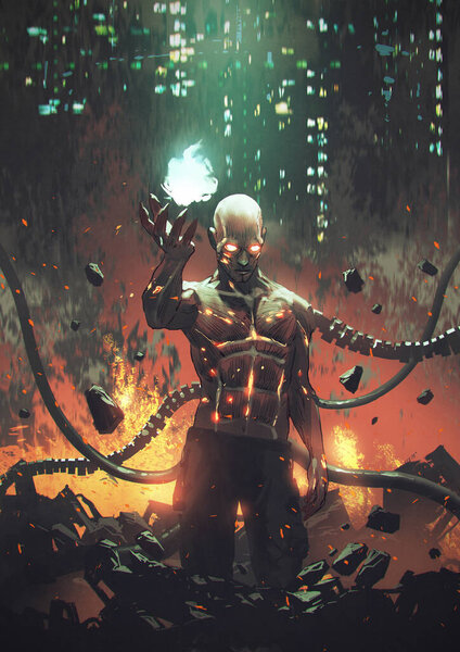experimental man with glowing power standing in the ruin, digital art style, illustration painting