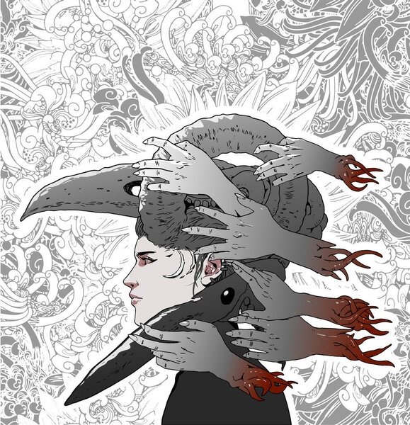 Боковой портрет женщины, носящей корону со злыми руками, появляющимися вокруг неё. Идеально подходит для фантазии и темы ужасов.