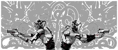 Cyborg polis ikizleri nöbet tutuyor, ellerinde silah tutuyorlar, ileri teknoloji ürünü bir güvenlik gücünü bilim kurgu ortamında somutlaştırıyorlar.