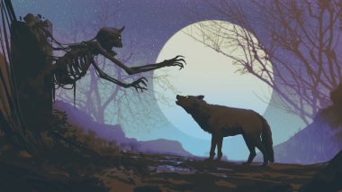 A haunting graphic of a wolf meeting a ghost in a dark, eerie cemetery under a moonlit sky, blending horror and mystery., digital art style, illustration painting clipart