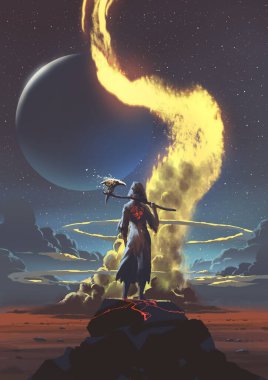 Güçlü bir cadı sihirli, dünya dışı bir manzarada baltayı kavrıyor. Gizem ve doğaüstü enerji yayıyor. Dijital sanat tarzı.