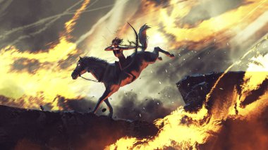 Archer At Sırtında Ateşli Savaş Alanının Ortasında