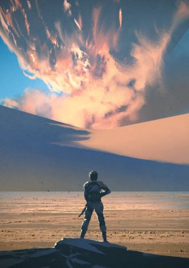 Yalnız, gelecekten gelen bir asker elinde silahla uçsuz bucaksız bir çölde durmuş devasa bir kum fırtınasının yaklaştığını, dijital sanat tarzını, resimli resmini izliyor.