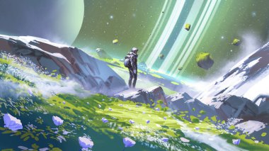 Bir astronot, yüzen kayalarla çevrili canlı bir arazide duruyor ve uzaktaki bir gezegenin devasa halkalarına bakıyor. Dijital sanat tarzı, resimli resim.
