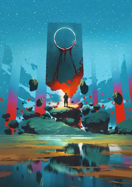 Bir yürüyüşçü, yıldızlı bir gökyüzünün altında, yüzen bir kayanın üzerinde, gerçek üstü parlayan bir manzaranın altındaki devasa kutsal bir taşın altında duruyor. Dijital sanat tarzı, resimli resim.