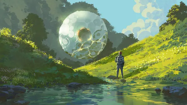Bir gezgin, bir derenin kenarında parlayan yeşil bir vadide durup gökyüzünde ışık ve enerji saçan büyük, gizemli bir küreye bakar. Dijital sanat tarzı, resimli resim.