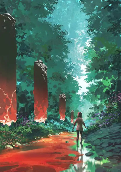 Genç bir kız, canlı bir orman yolu keşfediyor. Gizemli kırmızı taş sütunlarla kaplı. Suyun üzerine ışık saçıyor ve yemyeşil bitki örtüsü, dijital sanat tarzı, resimleme