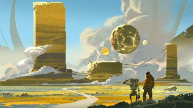 Bir gezgin ve robotik yoldaş, büyük uzaylı yapıları ve açık mavi gökyüzünün altında süzülen bir küre ile çevrili, altın bir bilim kurgu manzarasında duruyor.