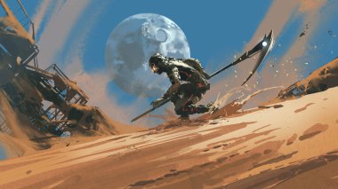 Yüksek teknolojili zırhlı bir savaşçı, yıkık dökük yapılarla dolu rüzgarlı bir çölde, dijital sanat stili ve resimlerle dolu devasa bir ay ışığında parıldayan bir tırpan kullanır.