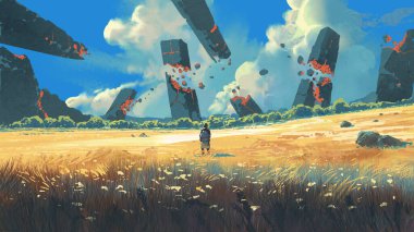 Bir gezgin, geniş sarı bir çayırda dikilip devasa koyu renkli monolitlere bakar. Parlak mavi bir gökyüzünün altında havalanır. Dijital sanat tarzı, resimli resim.