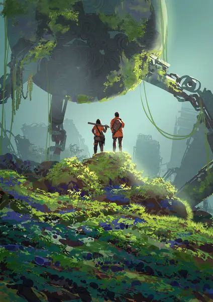 İki silahlı kaşif verimli bir tepenin üzerinde duruyor. Büyük, sarmaşık kaplı bir robotik makineyle karşı karşıya. Gelecekteki harabeler ve yeniden büyüme ile dolu bir ormanda.