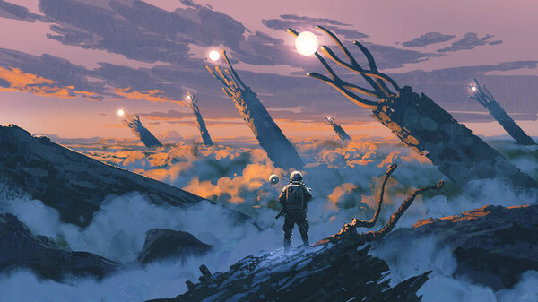 An astronaut stands on rocky terrain surrounded by mist and clouds, watching enormous glowing-rooted structures rise into a surreal sunset sky, digital art style, illustration painting