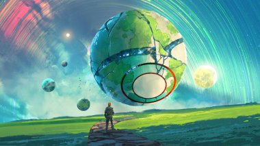 Yalnız bir gezgin, canlı renkler, daha küçük gök cisimleri, dijital sanat stili ve resimlerle çevrili büyük, çatlak bir gezegene doğru yürür.