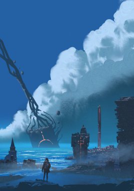 Yalnız bir kâşif, okyanustan çıkan devasa, yabancı bir taşın açık bir gökyüzü altında parlayan semboller, dijital sanat tarzı, çizimler arasında oluşmasını izler.