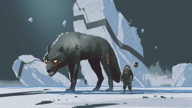 Fütürist bir kaşif, soğuk, buzlu bir arazide, büyük, parlayan gözlü bir canavarın yanında duruyor. Gizemli, uzak bir gezegende, dijital sanat tarzında, resimli bir resimde.