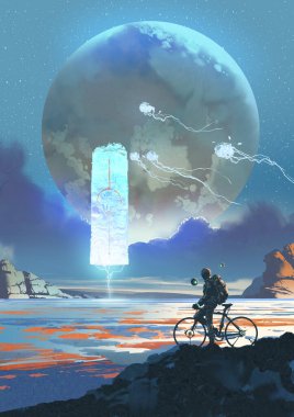 Fütüristik teçhizatlı yalnız bir bisikletçi, devasa bir gezegenin altında, dijital sanat tarzında, resim çizerek, devasa bir uzaylı okyanusunun yakınına ışık saçan parlayan bir taş heykeli izliyor.