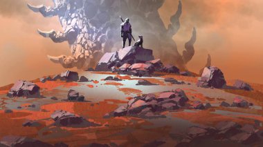 Köpekli bir gezgin, kayalık uzaylı arazisinde duruyor, turuncu sisin içinden yükselen devasa, garip bir kaya oluşumuna bakıyor, dijital sanat tarzı, resimleme