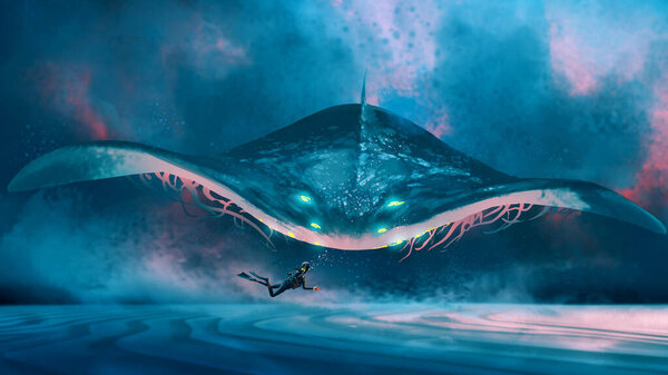 A deep-sea diver approaches a massive glowing manta-like creature in a surreal underwater world, illuminated by vibrant bioluminescence, digital art style, illustration painting