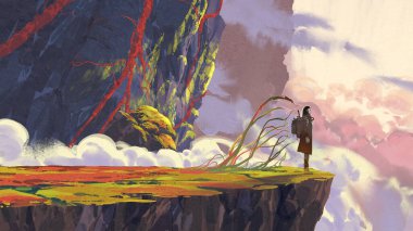 Bir kâşif bulutların üstündeki bir uçurumda duruyor ve parlak kırmızı sarmaşıklarla kaplı devasa bir dağa bakıyor. Dijital sanat tarzı, resimli resim.