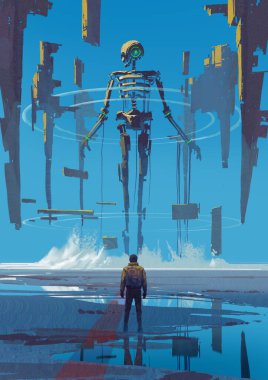 Bir adam havada süzülen yapılar, mavi gökyüzü, dijital sanat tarzı, resimlerle çevrili devasa bir robot iskeletinin önünde duruyor.