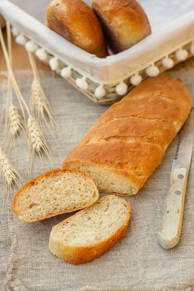 Homemade Fresh White Bread Baguette Cut Slices — Stock Photo, Image