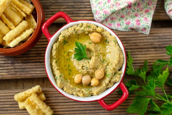 Plongée Traditionnelle Arabe Hummus Base Purée Pois Chiches Persil — Photo