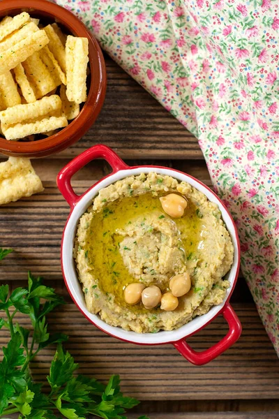 Αραβικό Παραδοσιακό Dip Spread Hummus Από Πουρέ Ρεβίθια Μαϊντανό — Φωτογραφία Αρχείου