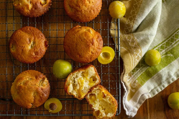 Homemade Sweet Fluffy Ricotta Muffins Green Plums Greengages — Stock Photo, Image
